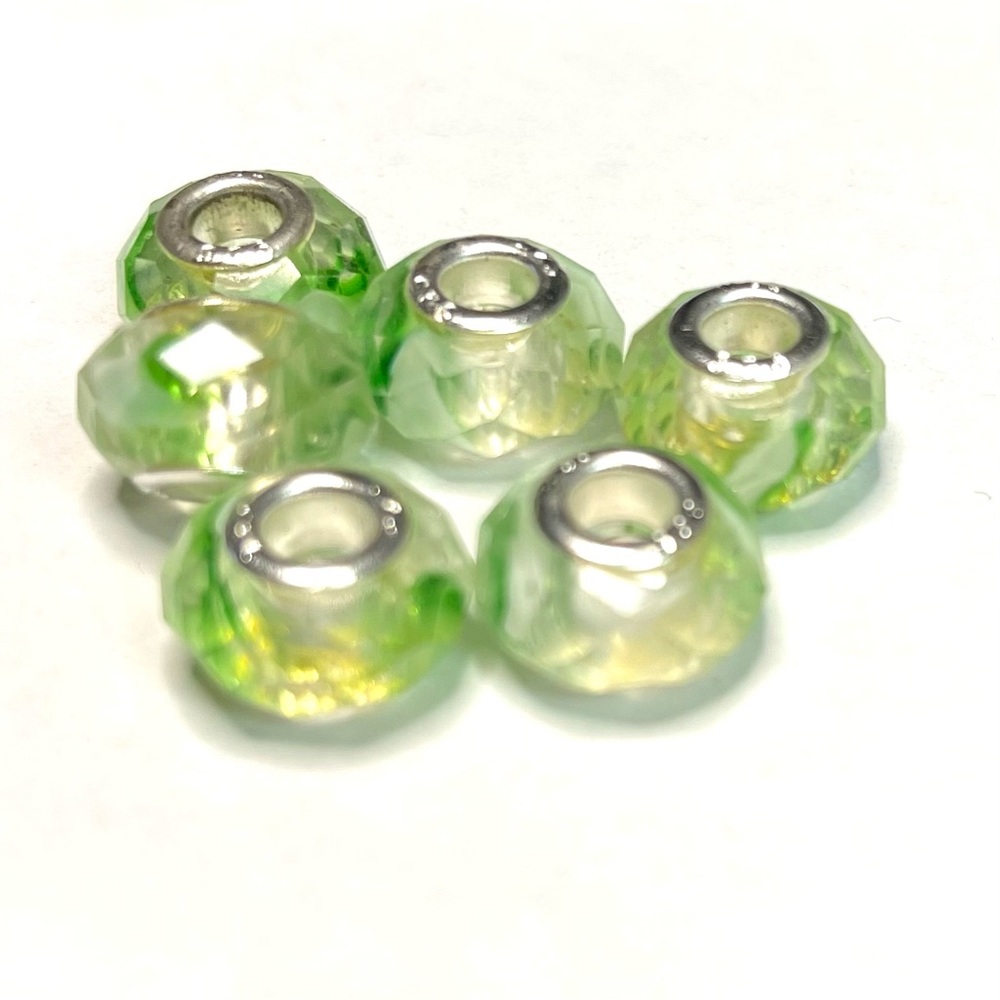 6 Green Faceted Beads with Silver Accents